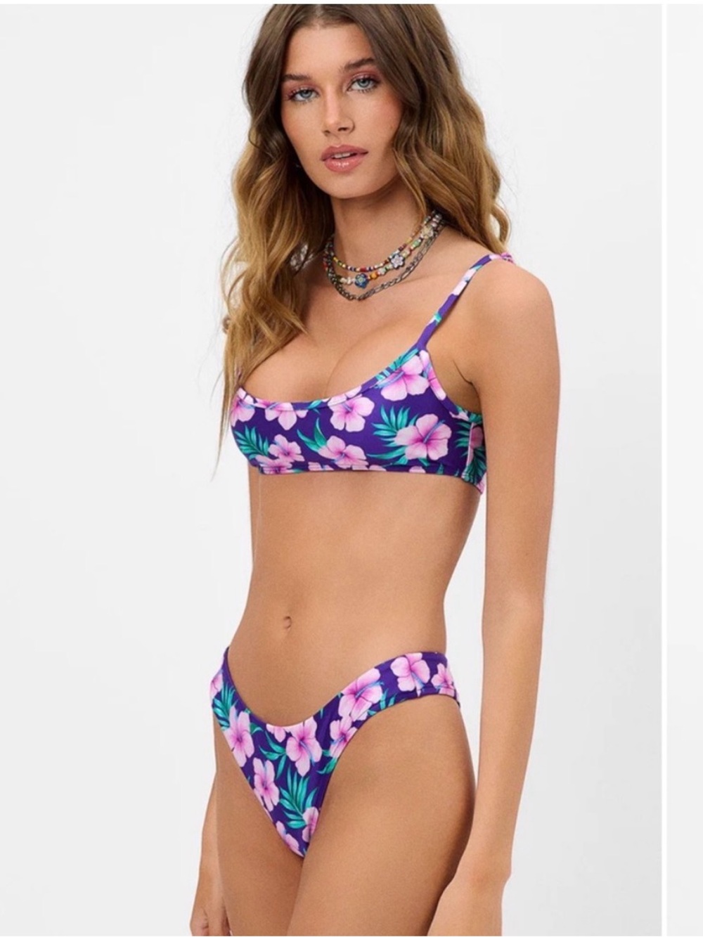Frankie's Bikinis Purple Floral Scoop Bikini top